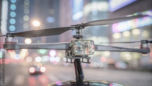 Fototapeta futuristic war cityscape Drone close-up with blurred city lights in the background, showcasing modern technology in urban settings.
