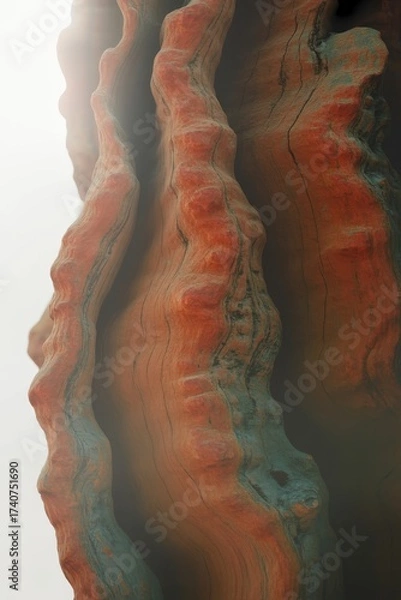Fototapeta Striking wood grain abstract with orange and teal hues, sunlit textured surface, weathered organic pattern, natural material close-up
