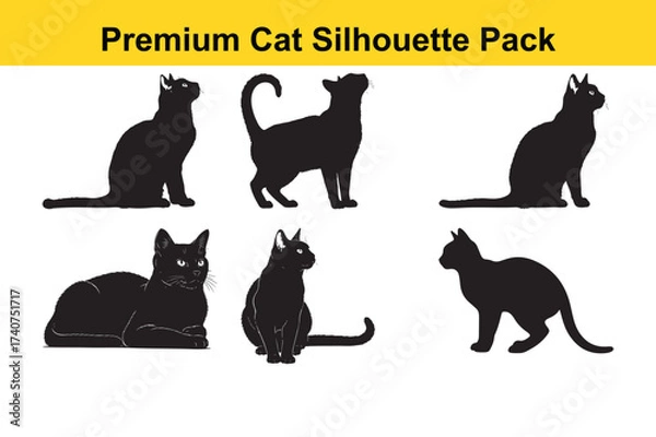 Fototapeta Collection of black cat shapes in various poses, a sleek silhouette