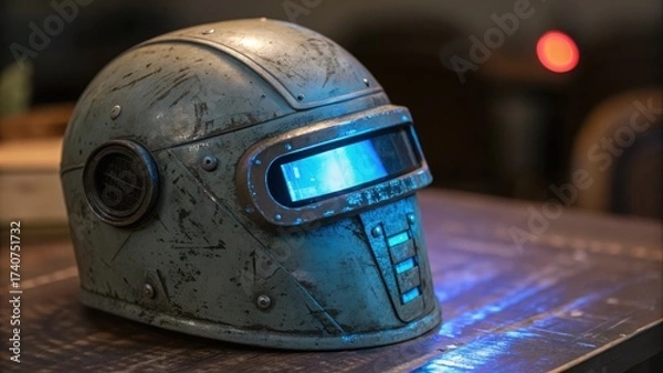 Fototapeta futuristic war cityscape Futuristic helmet on a table with ambient lighting, showcasing intricate details and a sci-fi design.