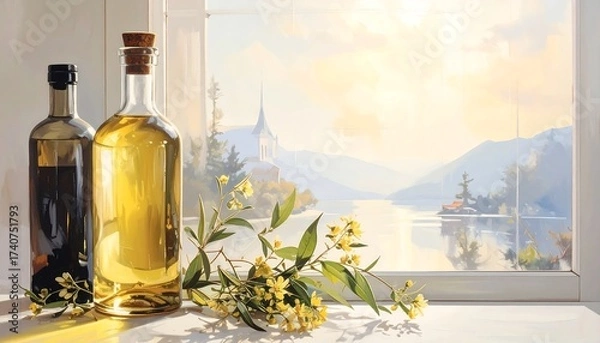 Fototapeta Bottles of oil with flowers on a table in front of a landscape view