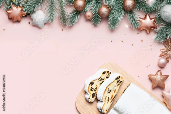 Fototapeta カットされたシュトーレンとクリスマスオーナメント