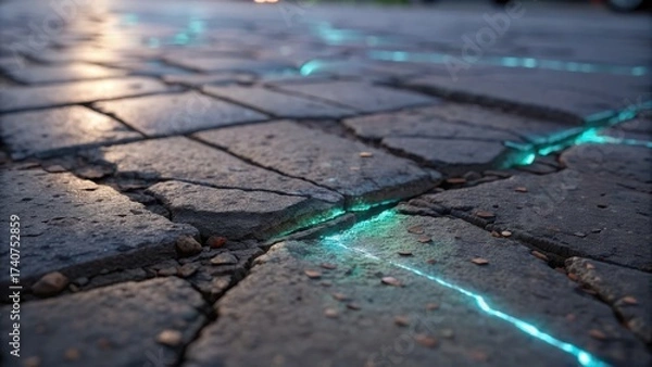 Fototapeta futuristic war cityscape Wet cobblestones with glowing cracks reflect ambient light in an urban scene.
