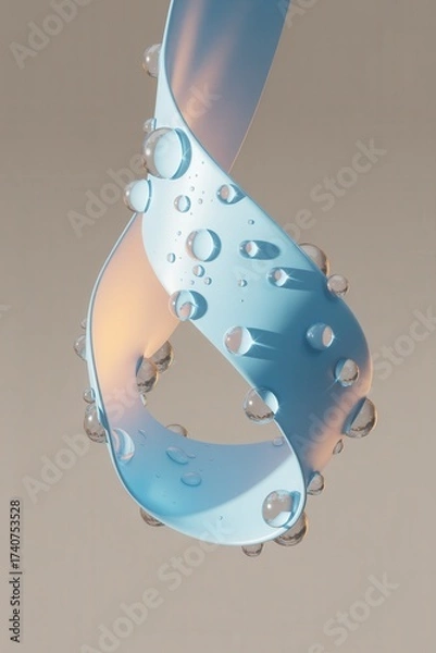 Fototapeta Abstract blue twisted ribbon with water drops, reflective droplets on curve, elegant fluid design, clean simple background