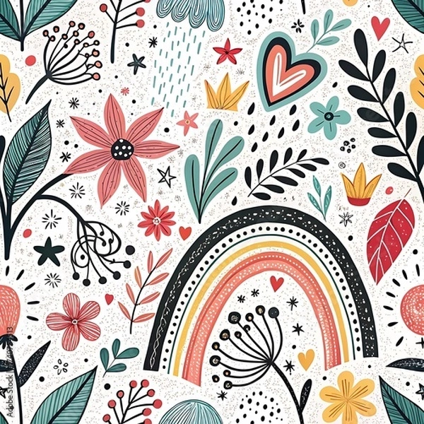 Fototapeta Colorful flower pattern with a rainbow and a heart