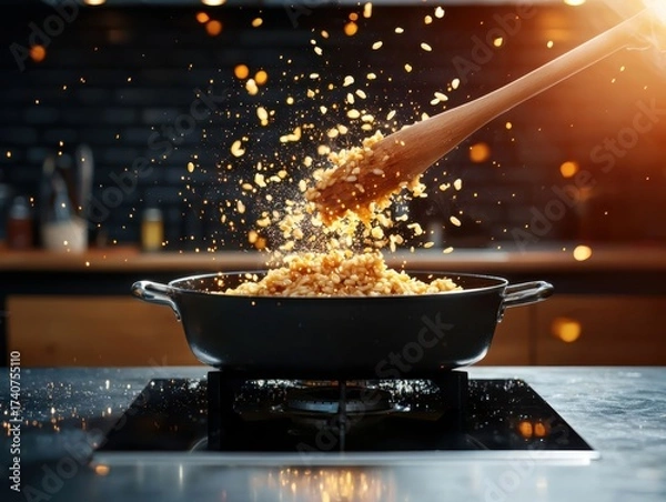 Fototapeta Cooking action delicious rice preparation in kitchen recipe content modern environment close-up view