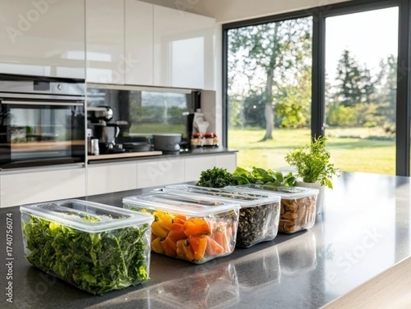 Fototapeta Organizing fresh ingredients in clear containers modern kitchen culinary preparation indoor setting close-up view healthy cooking
