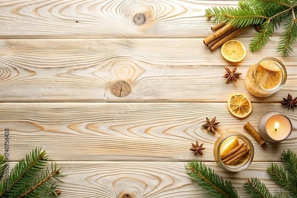 Fototapeta Wooden table with a candle, a jar of orange slices, and a jar of cinnamon