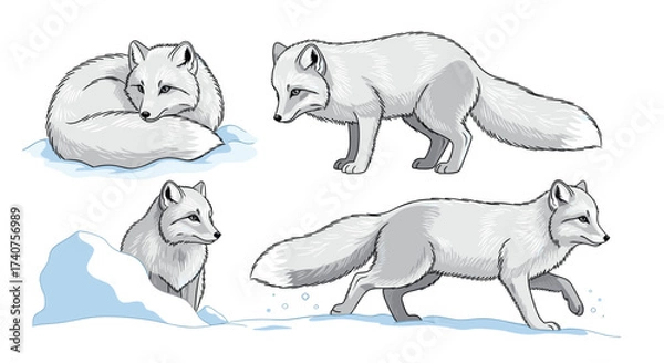 Fototapeta Four arctic foxes in various poses in a snowy landscape.
