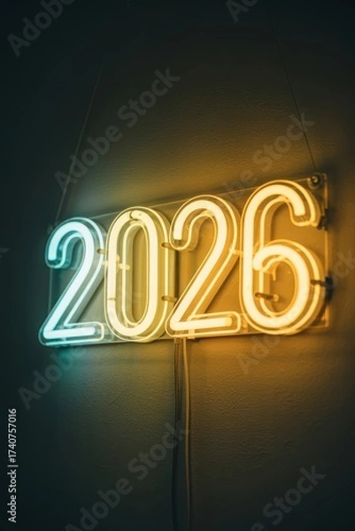 Fototapeta Neon sign displaying year 2026 glowing numbers on dark wall turquoise and yellow light aesthetic