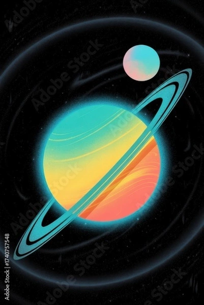 Fototapeta Abstract digital art colorful planet with rings and moon in dark space vibrant aesthetic design