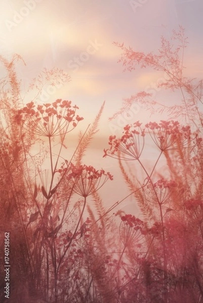 Fototapeta Dreamy ethereal autumn field with delicate plants, soft sunlight, pink and orange sky, tranquil natural backdrop, abstract floral