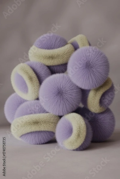 Fototapeta Abstract fuzzy sphere arrangement fluffy purple and yellow textured balls soft material background