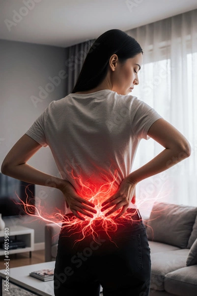 Obraz Back pain, kidney inflammation, woman suffering from backache