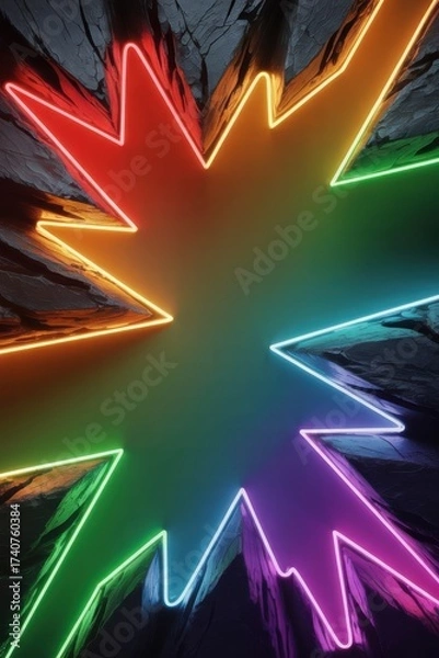 Fototapeta Neon Light Burst Rainbow Colors Dark Stone Background Explosive Abstract Shape Vibrant Glow Visual Art
