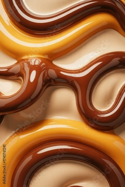 Fototapeta Abstract chocolate and caramel waves, smooth flowing lines, sweet dessert pattern, glossy liquid motion, delicious food background