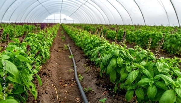 Obraz Lush Basil Rows Thriving in a Modern Greenhouse.