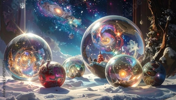 Fototapeta Christmas ornaments with galaxy and space elements under a starry night sky