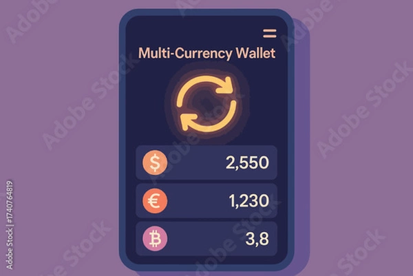 Fototapeta Multi-currency wallet interface with neon currency symbols on smartphone display