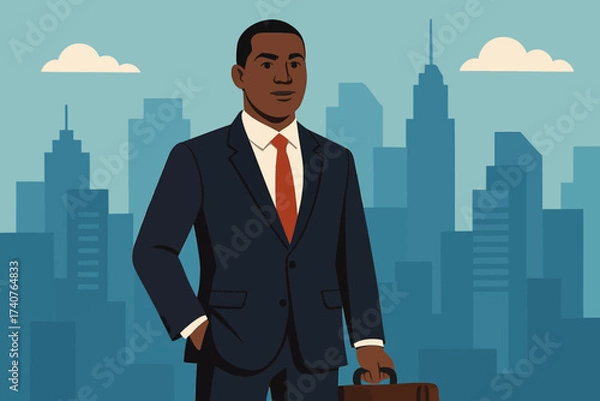 Fototapeta Confident professional in suit with briefcase against urban skyline