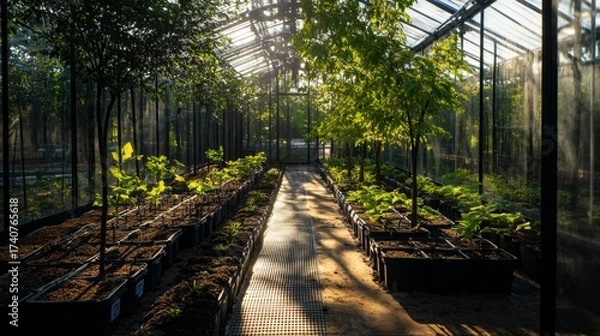 Obraz A serene greenhouse showcases vibrant plants bathed in golden sunlight. Nature thrives amidst glass architecture. Discover the beauty of growth. Generative AI