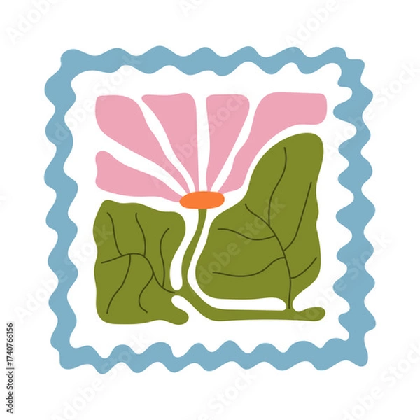 Fototapeta Abstract colorful floral pattern with pink and blue flower petals in a dotted green square frame. Hand-drawn modern botanical design. Great for textile, crafts, digital art, and decorative projects.