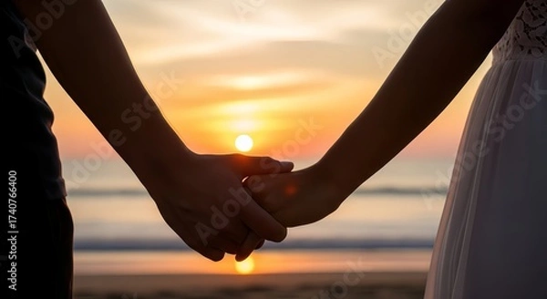 Obraz Romantic couple holding hands at beach during sunset. Love, relationship, and togetherness concept.