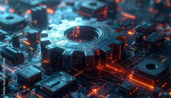 Fototapeta Close-up of a Circuit Board Featuring a Gear, Representing Technology