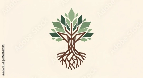 Obraz Abstract tree illustration with geometric green leaves and roots