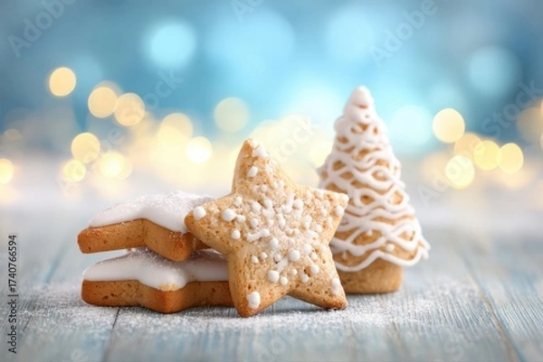 Fototapeta A festive arrangement of gingerbread cookies shaped as stars and a Christmas tree, each beautifully decorated with icing on top, perfect for the holiday season.