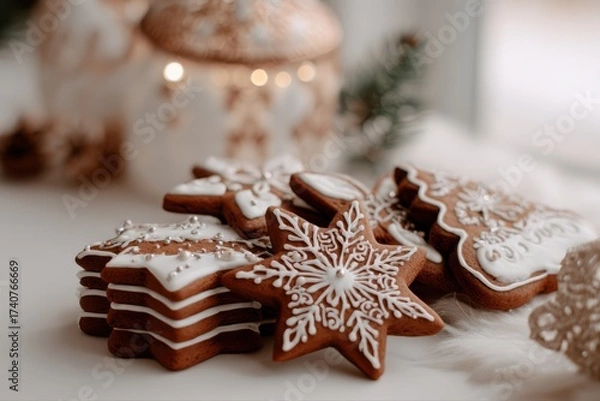 Fototapeta A festive plate of decorative gingerbread cookies shaped as stars and Christmas trees with frosting on them.