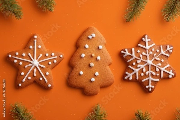 Fototapeta A festive arrangement of decorative gingerbread cookies shaped as stars and a Christmas tree, with snowflake icing on top, perfect for holiday celebrations and Christmas decorations.