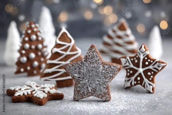Fototapeta A group of decorative gingerbread cookies shaped as stars and Christmas trees with white icing on them.