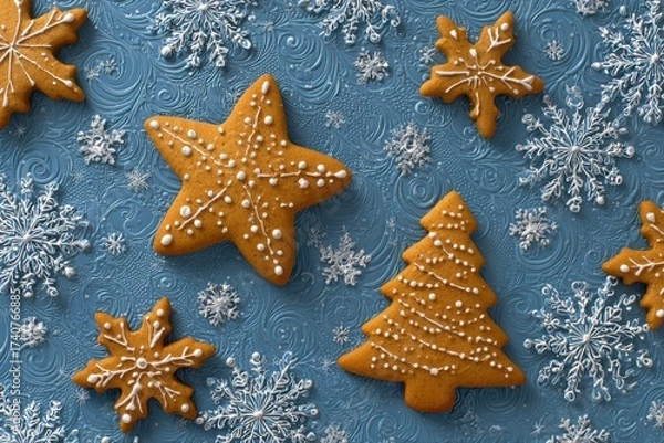 Fototapeta A festive blue background featuring a group of beautifully decorated gingerbread cookies shaped as stars and a Christmas tree.