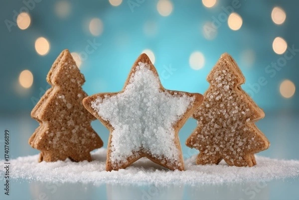 Fototapeta Three small Christmas trees made of sugar and icing, decorated with festive ornaments. These decorative gingerbread cookies are shaped as stars and Christmas trees, perfect for holiday celebrations.