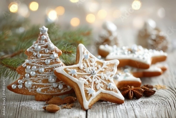 Fototapeta A festive Christmas tree made entirely of delicious gingerbread cookies shaped as stars, topped with a shining star decoration.