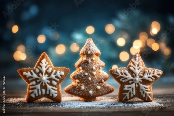 Fototapeta Three gingerbread cookies shaped as stars and a Christmas tree decorated with snowflakes are placed on a table, creating a festive holiday scene.