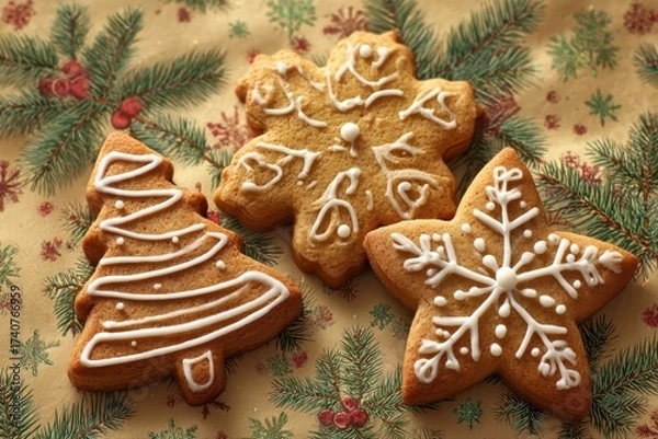 Fototapeta A festive plate of Christmas cookies decorated with colorful frosting in the shape of stars and a Christmas tree.