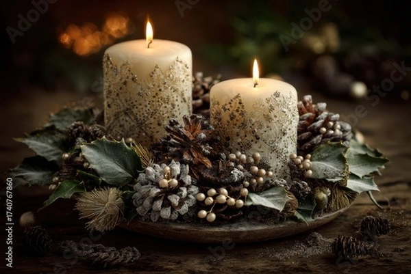 Fototapeta A festive scene featuring a candle surrounded by pine cones, holly leaves, and ornaments on a table, creating a cozy Christmas atmosphere.