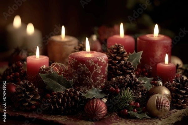 Fototapeta A festive table setting with candles and a bunch of pine cones, surrounded by holly leaves and ornaments.