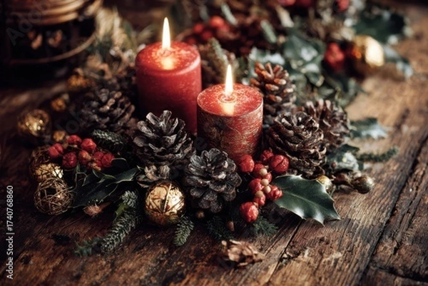 Fototapeta A festive arrangement featuring a candle surrounded by pine cones, holly leaves, and ornaments on a table, creating a cozy holiday atmosphere.