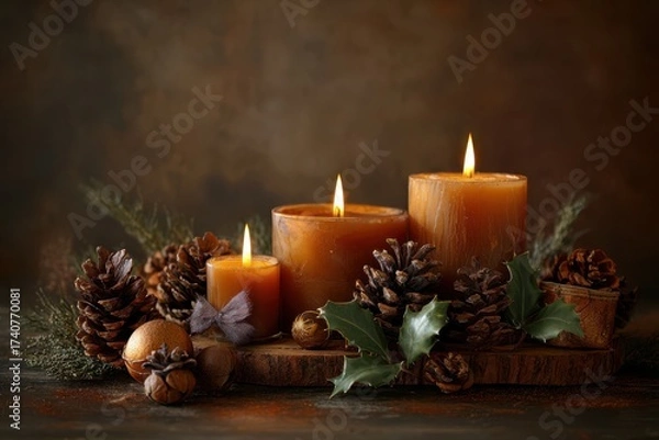Fototapeta A festive arrangement of three candles surrounded by pine cones and holly leaves on a wooden board, creating a cozy and rustic holiday atmosphere.