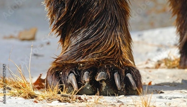 Fototapeta Close-up Shot of a Grizzly Bear's Paw with Large Claws and Wet Fur