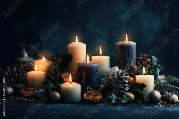 Fototapeta A festive Christmas scene featuring candles surrounded by pine cones, holly leaves, and ornaments on a dark background.