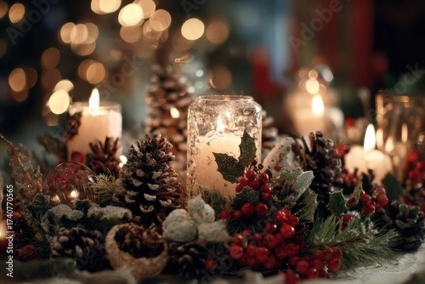 Fototapeta A festive arrangement of candles surrounded by pine cones, holly leaves, and ornaments on a table