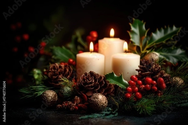 Fototapeta A festive arrangement of Christmas candles surrounded by pine cones, holly leaves, and ornaments, creating a cozy holiday ambiance.