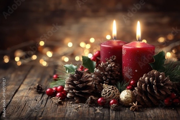 Fototapeta A festive arrangement of candles, pine cones, and holly leaves on a wooden table, creating a cozy and rustic holiday atmosphere