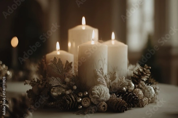 Fototapeta A festive candle surrounded by pine cones, holly leaves, and ornaments on a table, creating a cozy Christmas atmosphere.