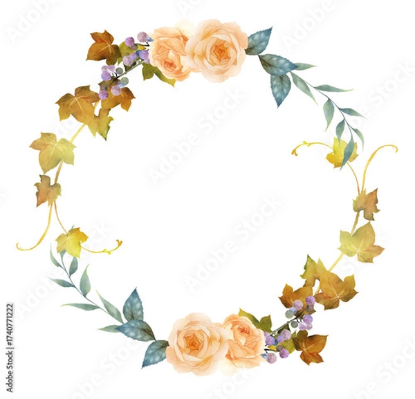 Obraz 水彩で描いた秋色の薔薇の円形リース