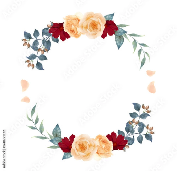 Obraz 水彩で描いた秋色の薔薇の円形リース